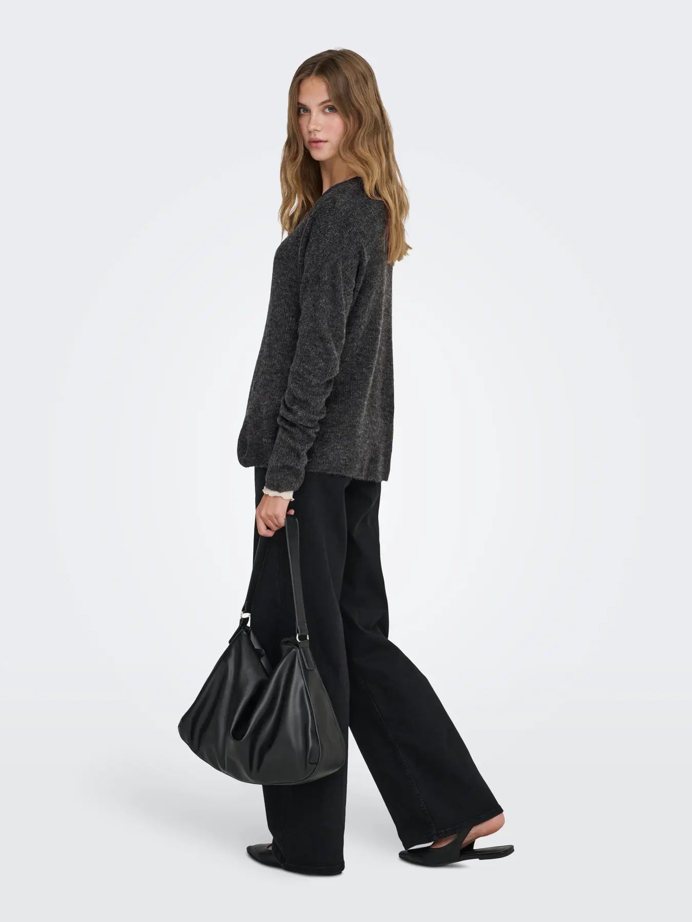 ONLY - CAMILLA V-NECK L/S PULLOVER KNIT - DARK GREY MELANGE