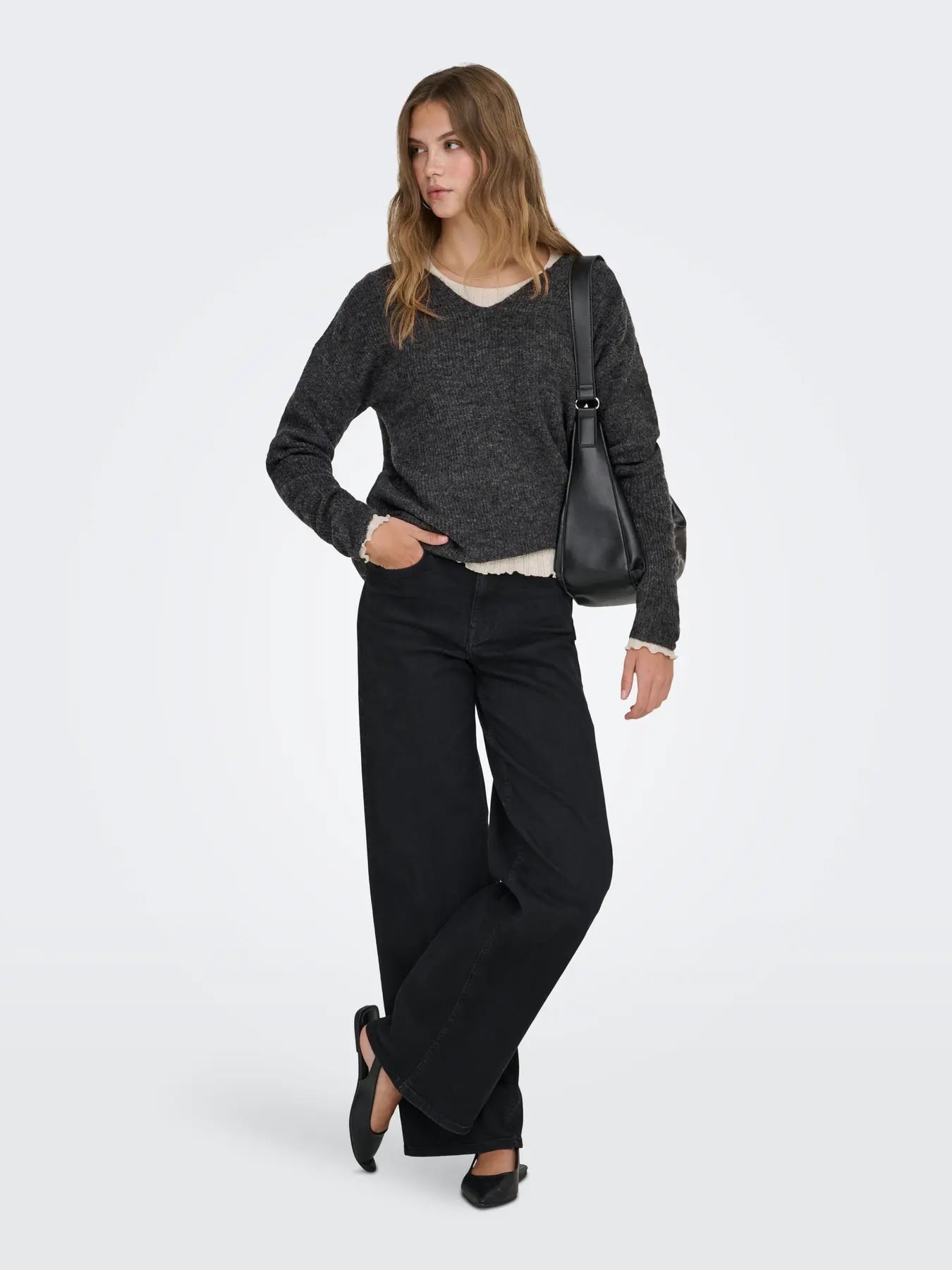 ONLY - CAMILLA V-NECK L/S PULLOVER KNIT - DARK GREY MELANGE