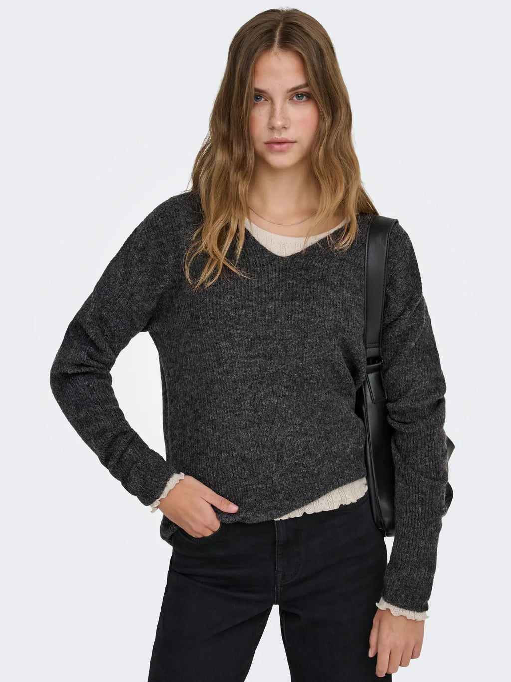 ONLY - CAMILLA V-NECK L/S PULLOVER KNIT - DARK GREY MELANGE