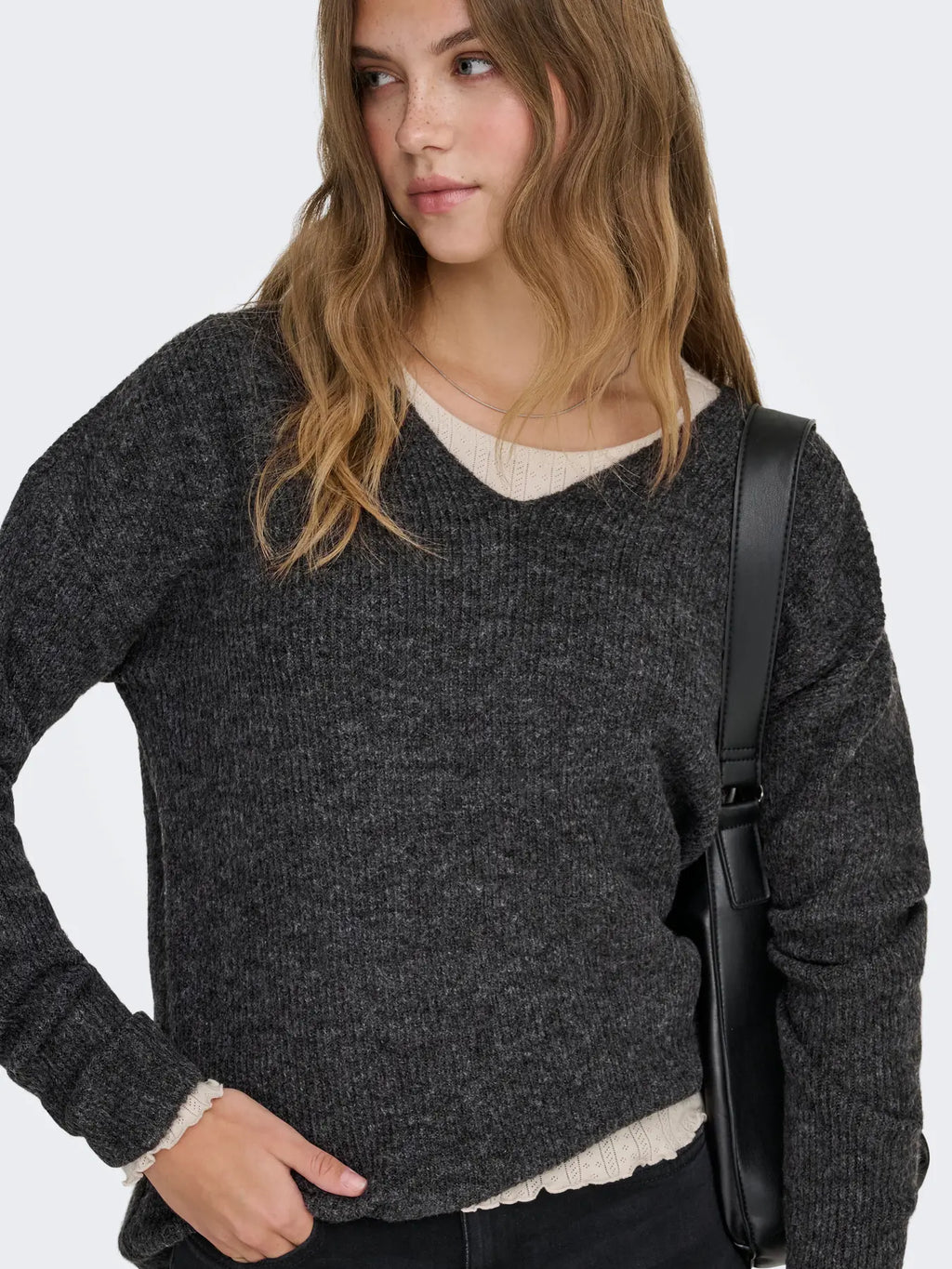 ONLY - CAMILLA V-NECK L/S PULLOVER KNIT - DARK GREY MELANGE
