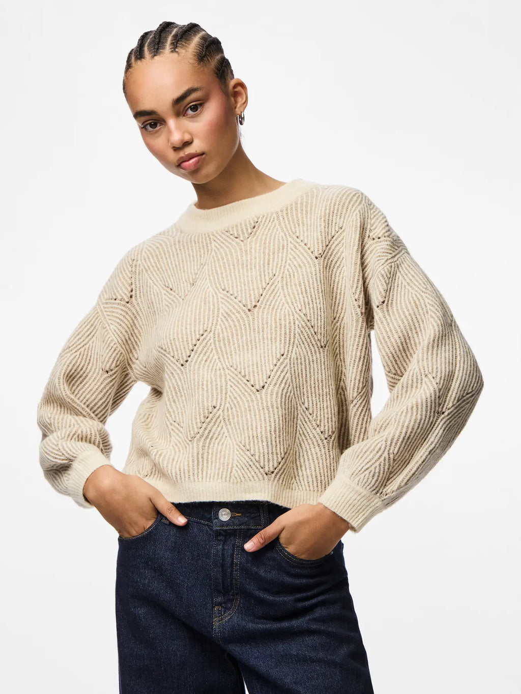 PIECES - JENNA LS O-NECK KNIT - WHITECAP GRAY/GREIGE