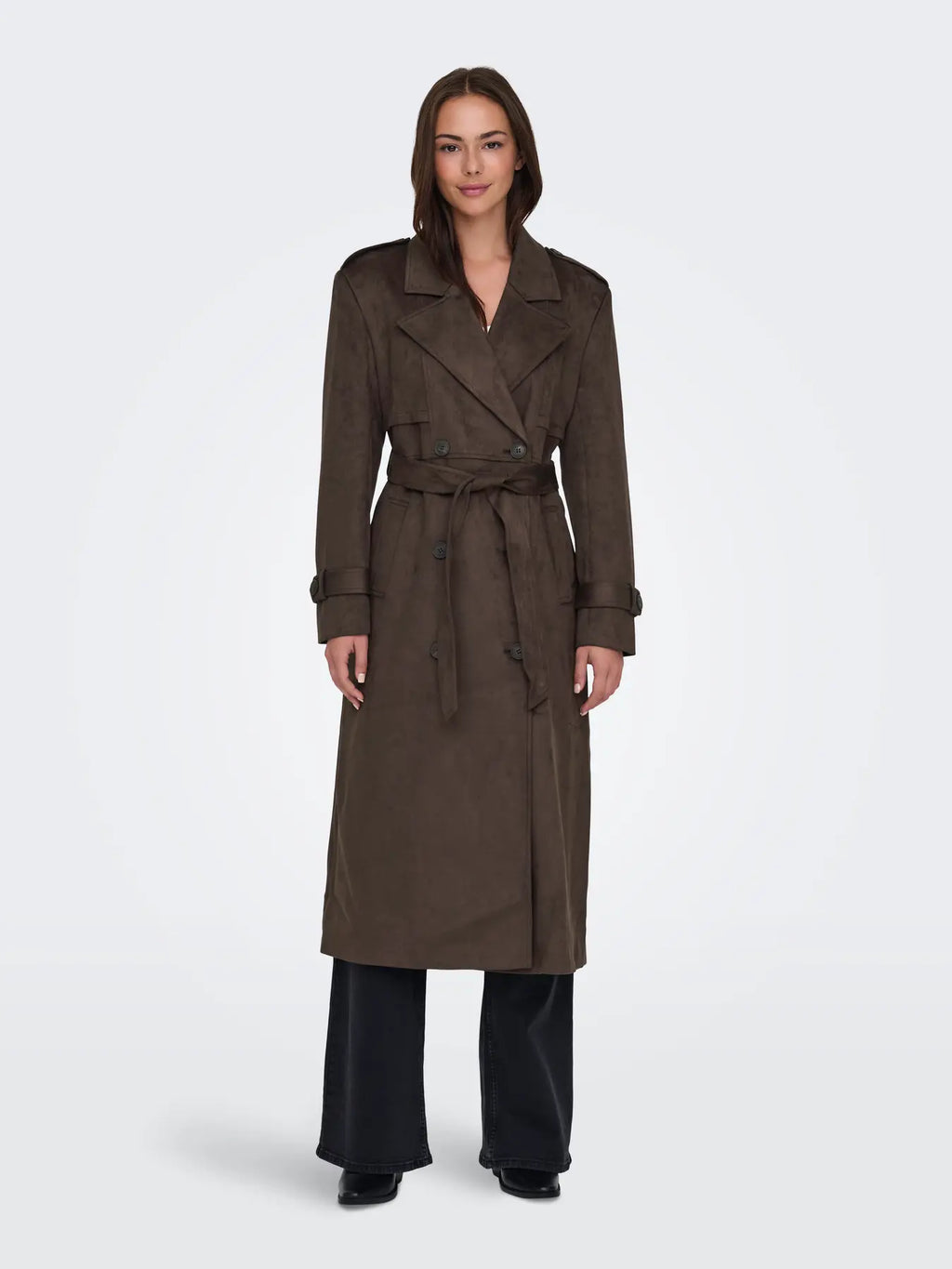 ONLY - LINA LONG FAUX SUEDE TRENCHCOAT - CHOCOLATE BROWN