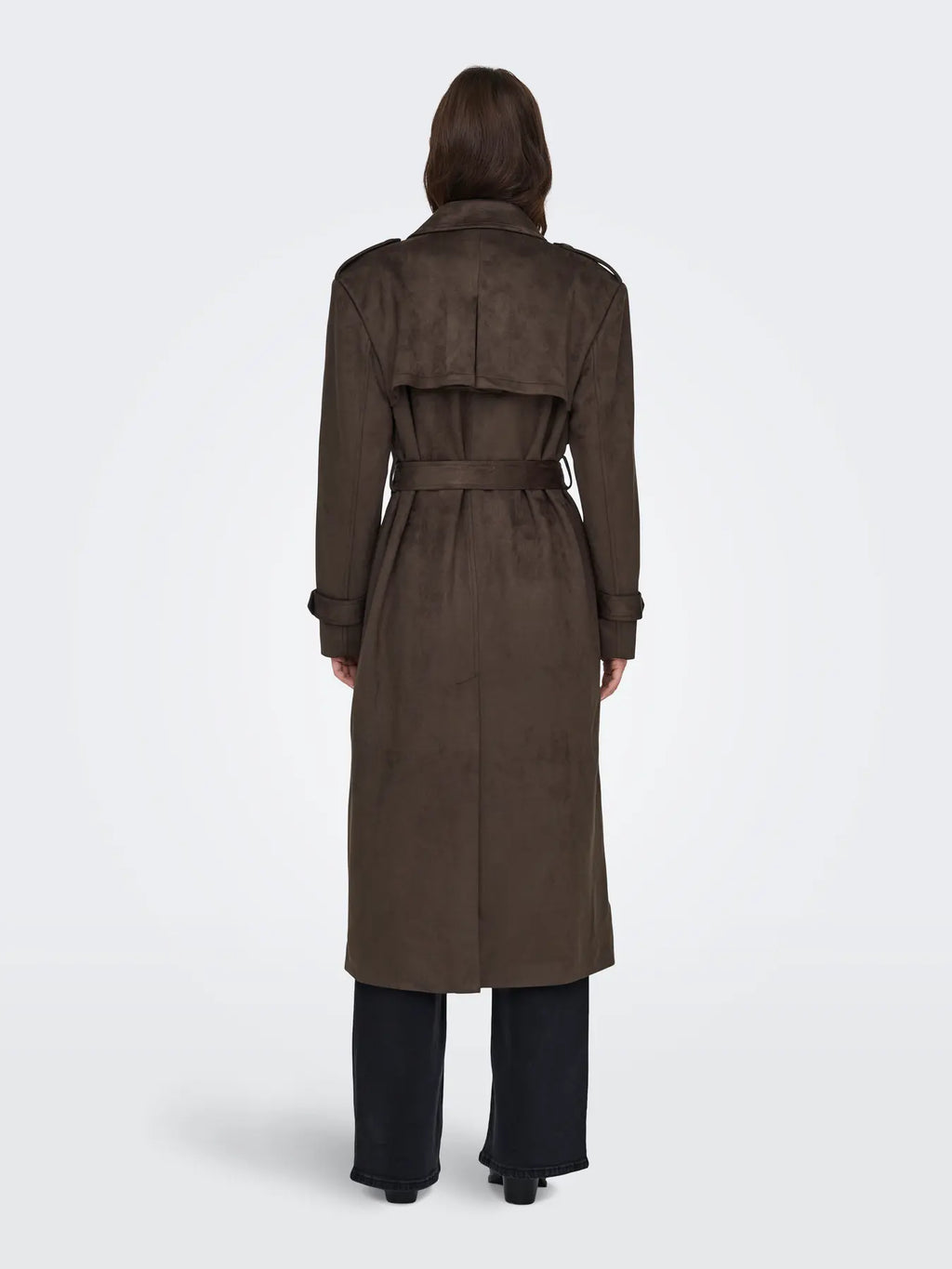 ONLY - LINA LONG FAUX SUEDE TRENCHCOAT - CHOCOLATE BROWN