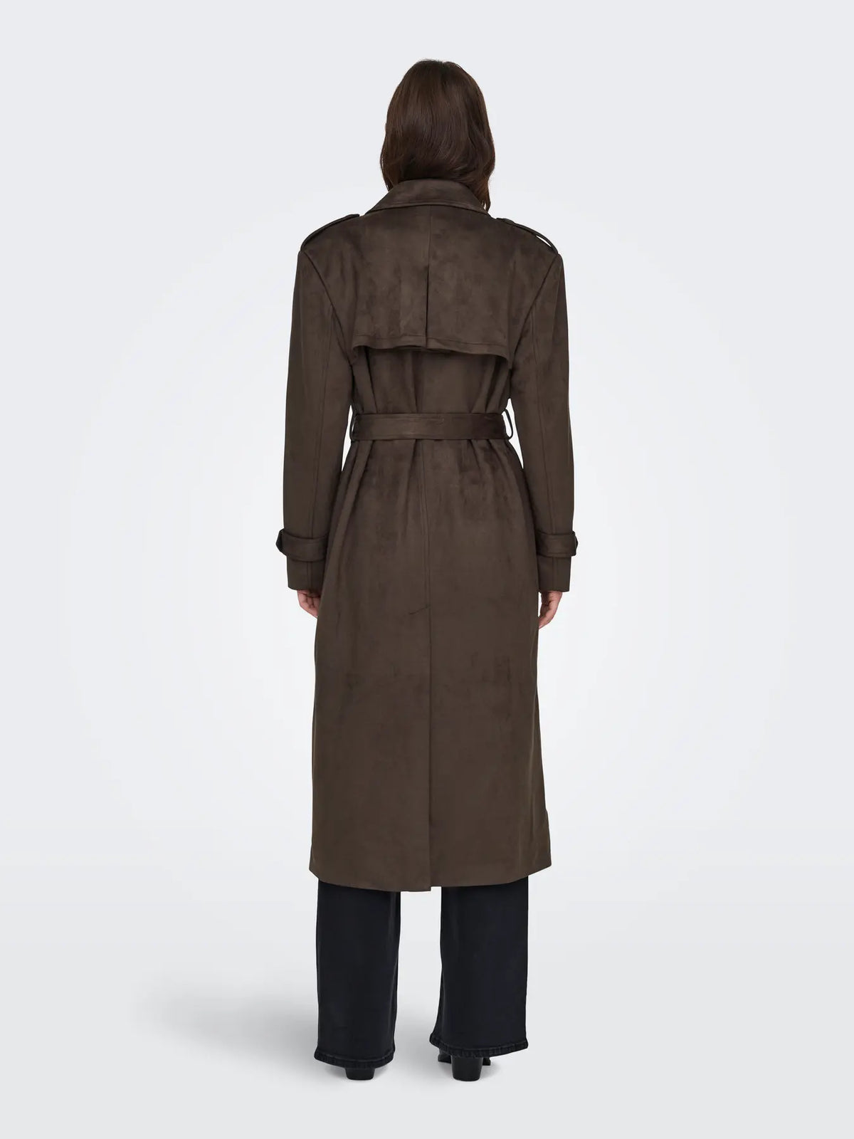 ONLY - LINA LONG FAUX SUEDE TRENCHCOAT - CHOCOLATE BROWN