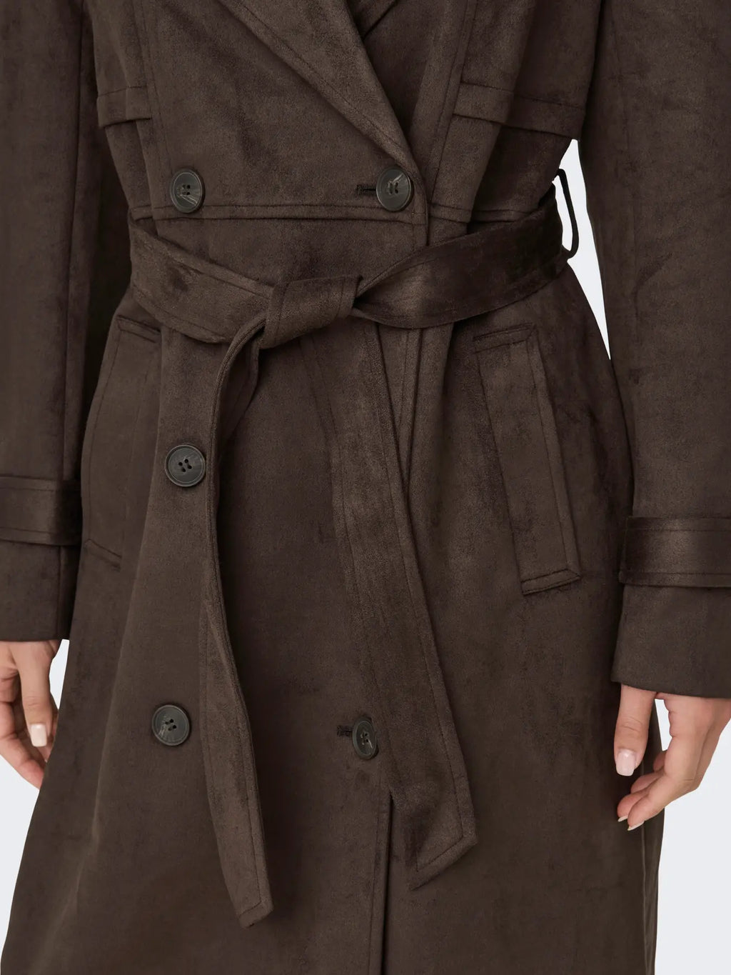 ONLY - LINA LONG FAUX SUEDE TRENCHCOAT - CHOCOLATE BROWN