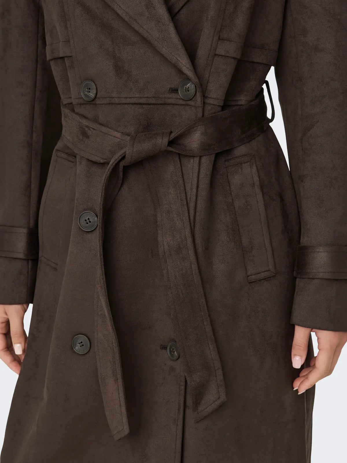 ONLY - LINA LONG FAUX SUEDE TRENCHCOAT - CHOCOLATE BROWN