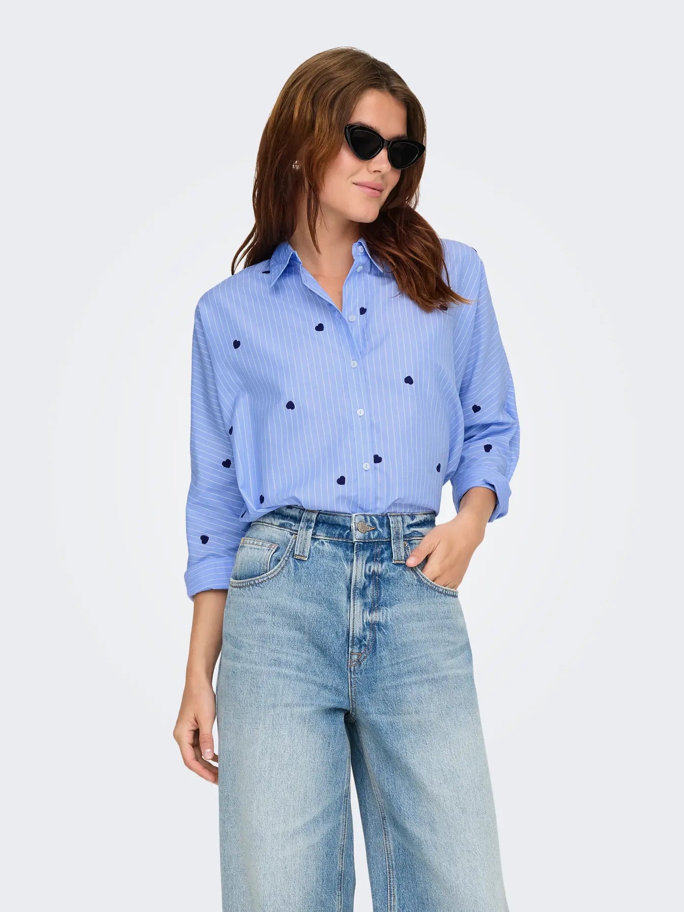 ONLY - NEW LINA GRACE STRAPE SHIRT - MOONLIGHT BLUE STRIPE MIDNIGHT BLUE HEART