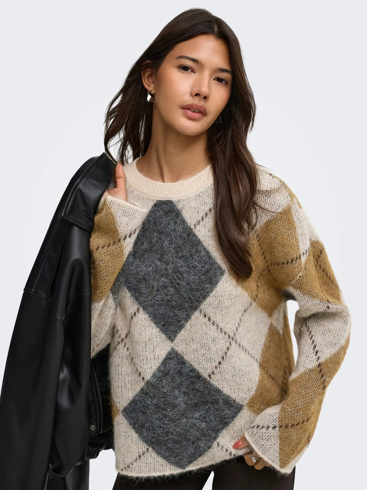 ONLY - NOEME LS PATTERN O-NECK KNIT - OATMEAL/ARGYLE