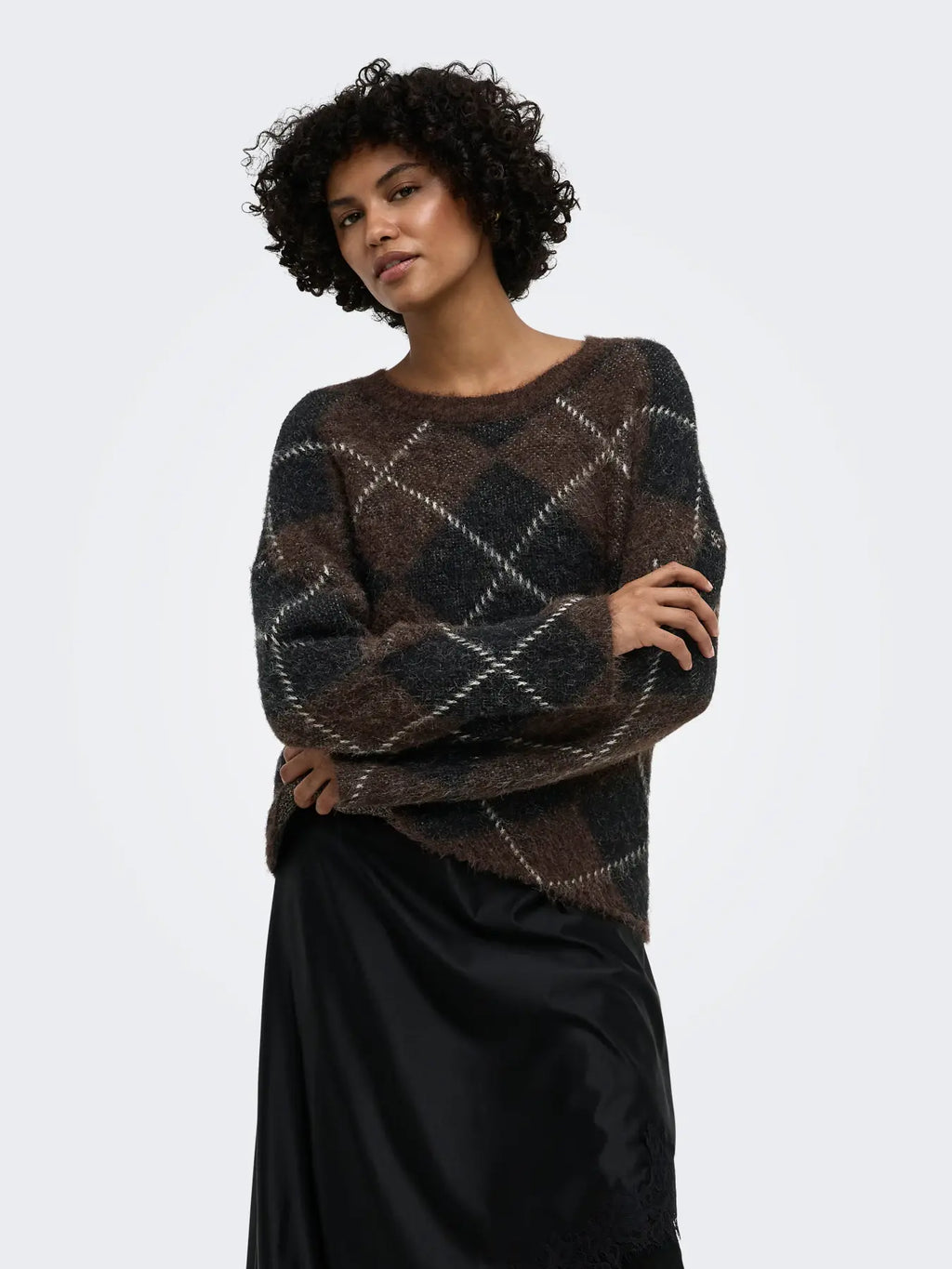 ONLY - NOEME LS PATTERN O-NECK KNIT - COFFEE BEAN/BIG ARGYLE