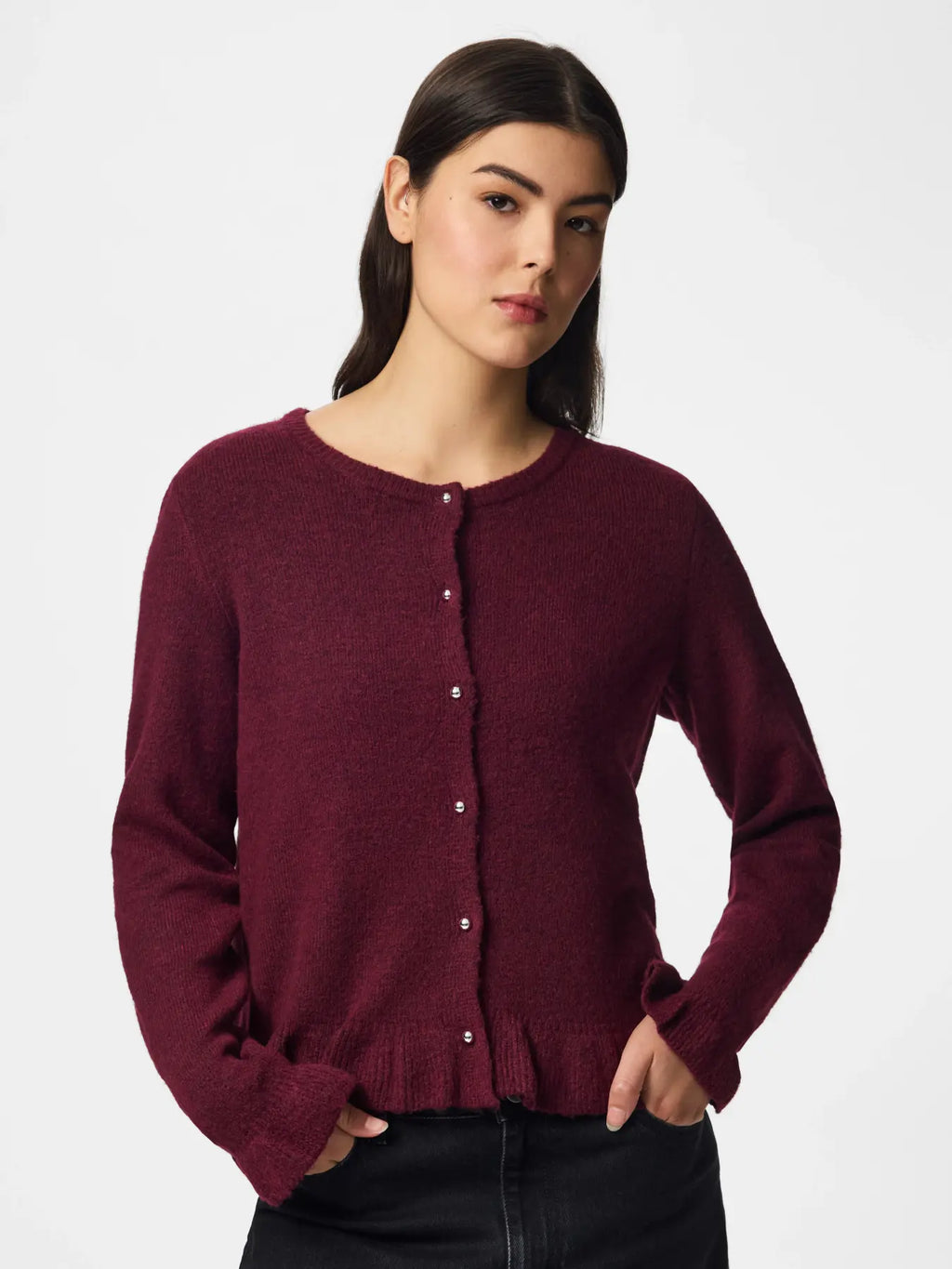 PIECES - AMOS LS O-NECK KNIT CARDIGAN - WINETASTING/MELANGE