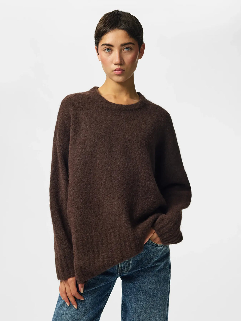 PIECES - TINA L/S O-NECK KNIT - HOT FUDGE/MELANGE
