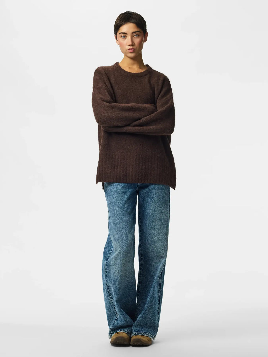 PIECES - TINA L/S O-NECK KNIT - HOT FUDGE/MELANGE