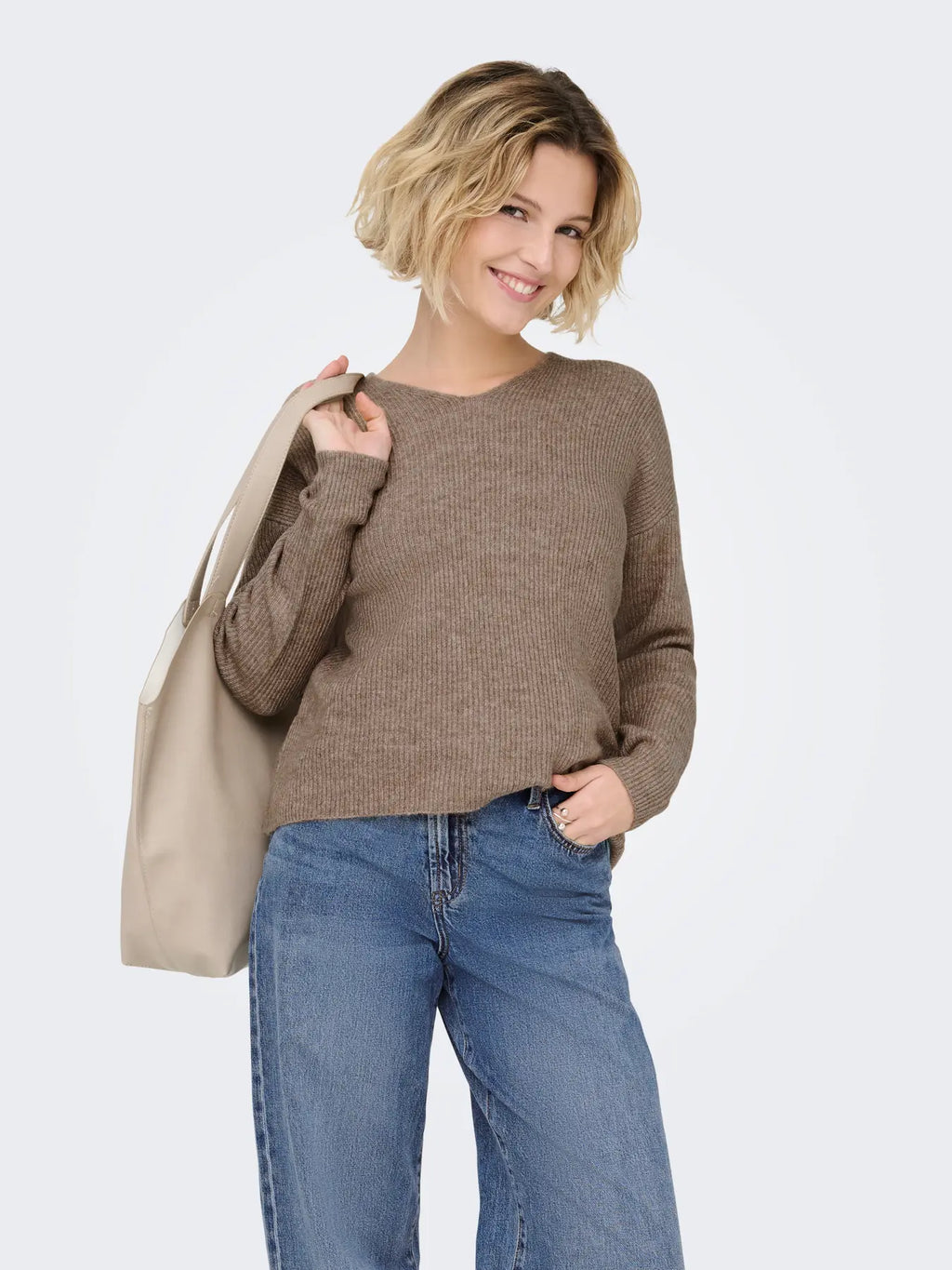 ONLY - CAMILLA V-NECK L/S PULLOVER KNIT - CARIBOU MELANGE