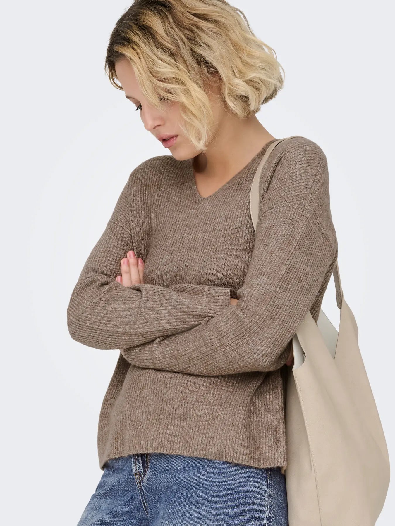 ONLY - CAMILLA V-NECK L/S PULLOVER KNIT - CARIBOU MELANGE
