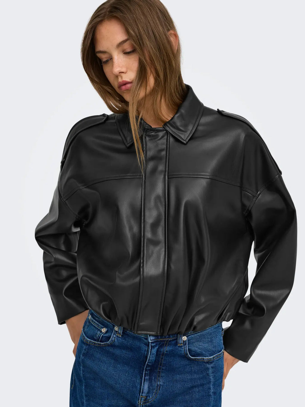 ONLY - MOON-NELI L/S FAUX LEATHER BOMBER JACKET - BLACK